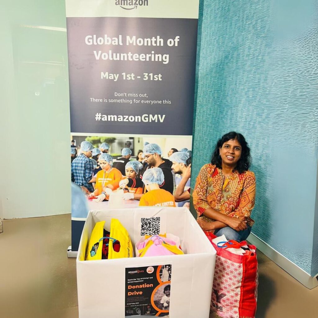 Amazon employee candidly captured behind the scenes during the Global Volunteering Month donation drive with Share At Door Step.