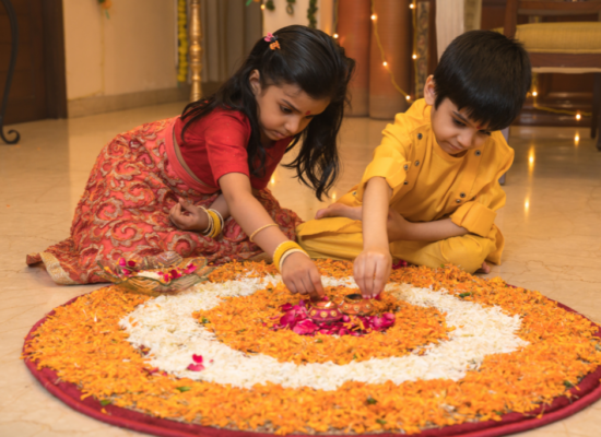 Kids making eco-friendly rangoli for diwali